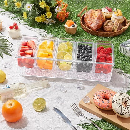 Lifewit Ice Chilled Condiment Caddy with 5x 20 oz Containers, Condiment Server with Separate Lid, Serving Tray Platter with Removable Dishes for Bar, Fruit, Salad, Taco, Party Garnish