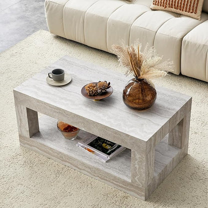 LKTART 39.37" Coffee Table with Storage, 2-Tier Mid Century Rectangular Accent Table with Thick Tabletop, Rustic Style Cocktail, Center Table for Living Room, Office, Apartment (Beige)