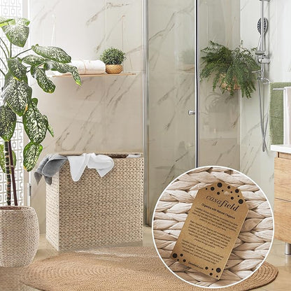 Casafield 2-Section Laundry Hamper with Removable Liner Bags - Whitewash, Woven Water Hyacinth Double Laundry Basket Sorter for Clothes and Towels