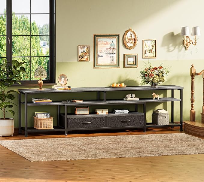 Huuger TV Stand for 75 80 Inch TV, Entertainment Center with Power Outlets and LED Lights, 70.9 Inch TV Console for Living Room, Media Console with Drawers and Shelves, Grey