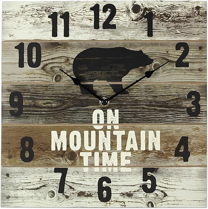 Young's Mountain Time Bear Wooden Wall Clock with Hands, 12" x 2" x 12" 17240