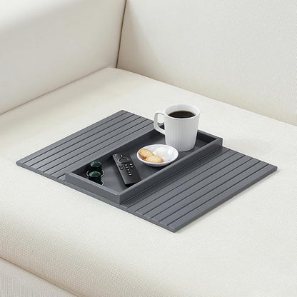 Bamboo Couch Arm Tray Table，Foldable Sofa Armrest Tray Table for Couch，Flexible and Anti-Slip Couch Arm Cup Holder，Portable Sofa Arm Chair Table for Drink,Cups, Eats，Snacks, Phone, Remote (Gray)