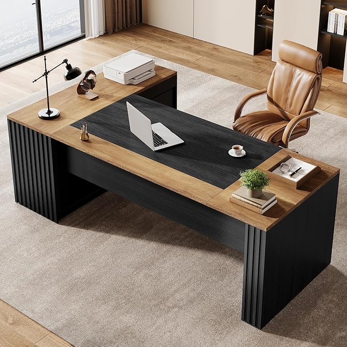 Tribesigns 78" L Shaped Executive Desk with Drawers, Large Office Computer Desk with Cabinet and Storage Shelves, Modern Business Furniture Sets Workstation for Home Office (Brown/Black)