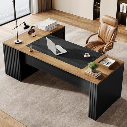Tribesigns 78" L Shaped Executive Desk with Drawers, Large Office Computer Desk with Cabinet and Storage Shelves, Modern Business Furniture Sets Workstation for Home Office (Brown/Black)