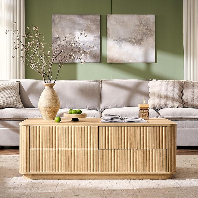 JXQTLINGMU Large Coffee Table with Storage, 51" Modern Fluted Coffee Table with 4 Drawers, Rectangle Wood Center Table for Living Room (Natural Oak)