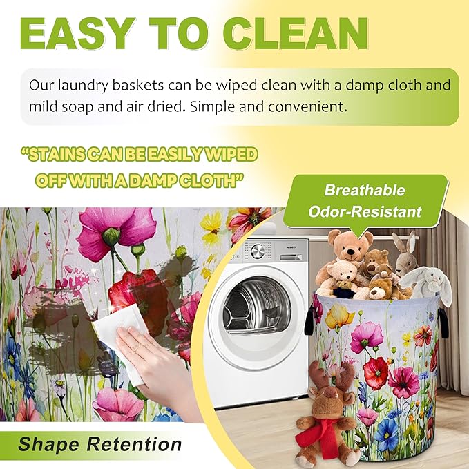 Colorful Flowers Laundry Basket Boho Floral Print Foldable Waterproof Oxford Cloth Funny Tote Bag Laundry Hamper Clothes Storage Bucket Toy Organizer For Bathroom/Laundry Storage/Bedroom 18.9x16.5 In