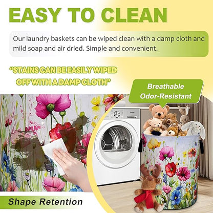 Colorful Flowers Laundry Basket Boho Floral Print Foldable Waterproof Oxford Cloth Funny Tote Bag Laundry Hamper Clothes Storage Bucket Toy Organizer For Bathroom/Laundry Storage/Bedroom 18.9x16.5 In