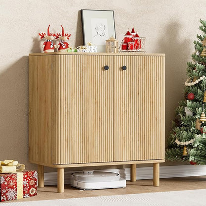 Fluted Sideboard Cabinet, Modern Buffet Cabinet, Small Storage Cabinet with Adjustable Shelves & Wood Legs, Accent Credenza Sideboard for Kitchen, Coffee Bar, Living Room, Entryway, Hallway