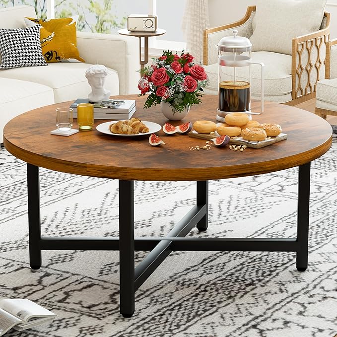 Coffee Table, 31.5" Large Coffee Tables, Brown Round Coffee Tables for Living Room, Floor Table for Sitting on The Floor, Center Coffee Table with Metal Frame for Office Apartment Home