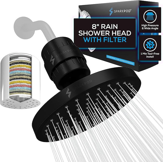 SparkPod 23-Stage Filtered Shower Head, 8" Round, Black Matte | Filtered Shower Head for Hard Water Filter, High Pressure, Reduces Chlorine, Heavy Metals, For Dry Skin & Hair