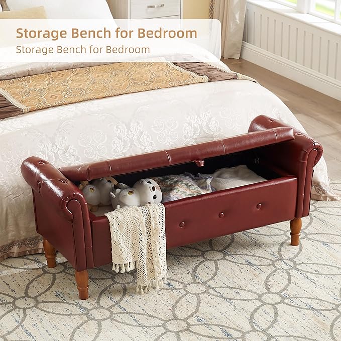 Storage Ottoman Bench, 50" Modern Upholstered End of Bed Bench, Faux Leather Rolled Armed Button-Tufted Ottoman with Storage for Living Room, Entryway, Window, Burgundy