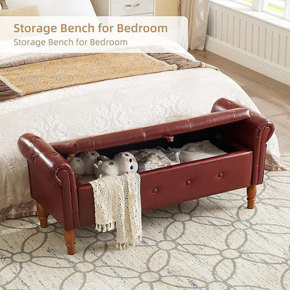 Storage Ottoman Bench, 50" Modern Upholstered End of Bed Bench, Faux Leather Rolled Armed Button-Tufted Ottoman with Storage for Living Room, Entryway, Window, Burgundy