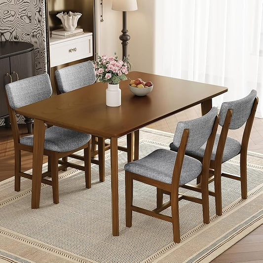 5-Piece Wooden Dining Set Mid-Century Modern Dinner Table and 4 Upholstered Chairs Rectangular Table with Chairs Set Rubberwood Legs Linen Padded Seat & Backrest for Dining Room Kitchen Apartment