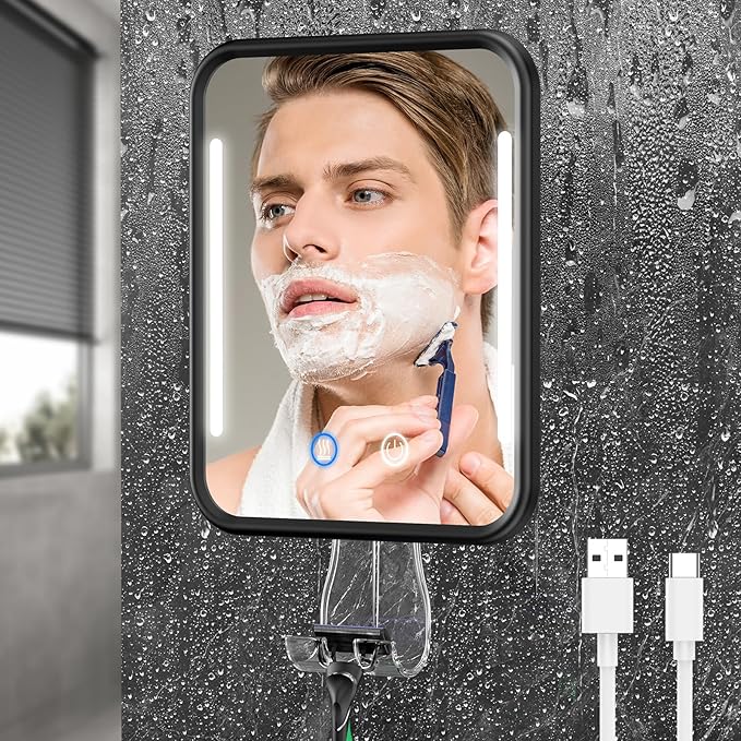 Lighted Shower Mirror Fogless for Shaving with Light, 5000mAh Heated Fogless Mirror for Shower, Detachable Razor Holder and Suction Cup for Wall, NO-Drilling, Waterproof for Bathroom (Black)