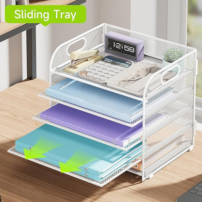 5 Tier Paper Organizer with Handle, White Metal Mesh Desk Organizer File Folder Paper Letter Tray Desktop Document Sorter for Classroom, School, Office Accessories Organization and Storage