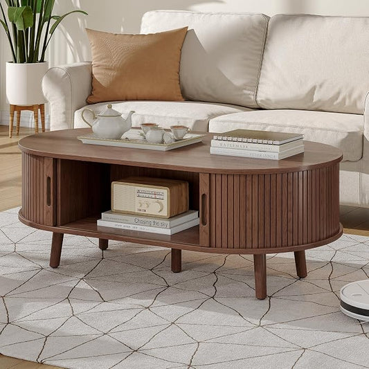 Alohappy 42.5"W Oval Coffee Table, Mid Century Modern Coffee Table with Sliding Tambour Door, Fluted Center Table with Hidden Storage, Curved Profile Dining Table for Living Room, Home Office, Walnut