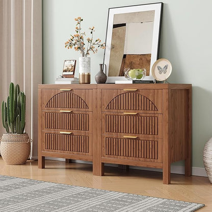 6 Drawer Dresser, Farmhouse Fluted Chest of Drawers, Wooden End Table, Mid- Century Modern Bedroom Nightstand Side Table for Bedrooms, Closets, Hallways, and Entryways, Walnut X2
