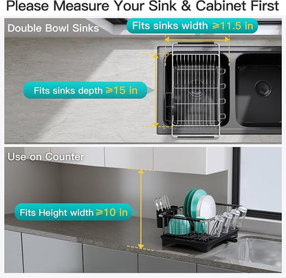 JASIWAY Black Sink Dish Drying Rack with Drainboard, Expandable Stainless Steel Dish Drainers for Kitchen Counter, Space Saving Dish Dryer Rack, Over The Sink Dish Racks with Utensil Holder