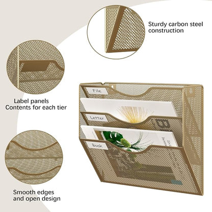EasyPAG 3 Pocket Mesh Wall File Organizer, Hanging Paper Folder Holder with Classify Label, Vertical Wall Mount Mail Organizer for Office Home Classroom, Gold