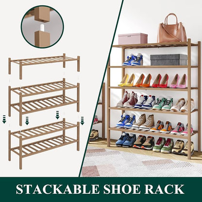 Smiry Bamboo Shoe Rack, 2 Tier Free Standing Wooden Shoe Organizer, Stackable Wood Shoe Storage Shelf for Closet, Entryway, 14 Vertical Slats, One-piece Heavy-Duty Legs, 26.8"x11"x13", Walnut