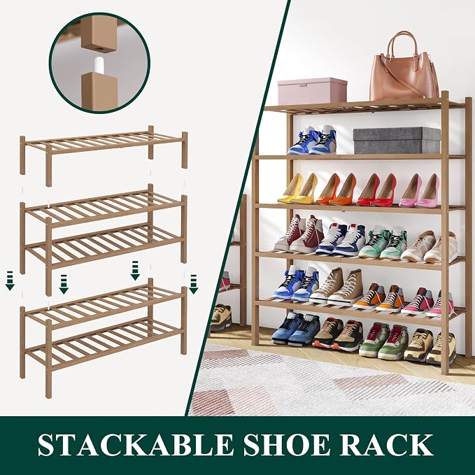 Smiry Bamboo Shoe Rack, 4 Tier Free Standing Wooden Shoe Organizer, Stackable Wood Shoe Storage Shelf for Closet, Entryway, 14 Vertical Slats, 2+2 Stack Heavy-Duty Legs, 26.8"x11"x26", Walnut