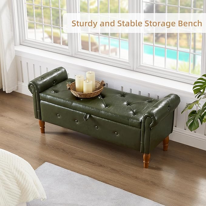 Storage Ottoman Bench, 50" Modern Upholstered End of Bed Bench, Faux Leather Rolled Armed Button-Tufted Ottoman with Storage for Living Room, Entryway, Window, Green