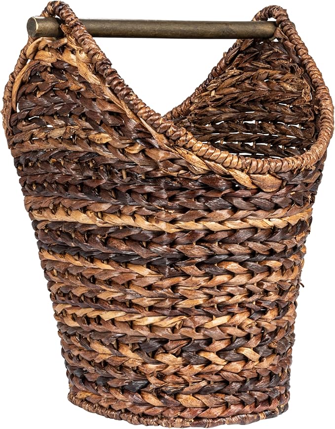 Creative Co-Op Boho Oval Braided Bankuan Bathroom Tissue/Toilet Paper Basket with Wood Handle, Brown