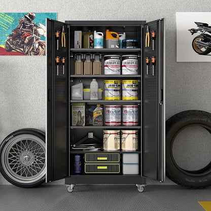 Garage Storage Cabinet with Wheels & Pegboard, Lockable Metal Storage Cabinet with Doors and 5 Adjustable Shelves for Garage, Home, Storage, Assembly Required, Black, 71" H×34" W×18" D