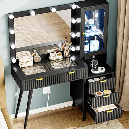 Vanity Desk with Mirror and Lights, 45" Fluted Makeup Vanity Desk with Lights &5 Drawers, Glass Top Vanitys with Lighted Mirror and RGB Cabinet, Dressing Table with Power Outlet for Bedroom, Black