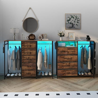 Dresser for Bedroom with Clothes Rack 5 Drawer Dresser with Charging Station LED Lights White Chest of Drawers Flexible Shelf and Open Storage Space for Bedroom Living Room (Brown)