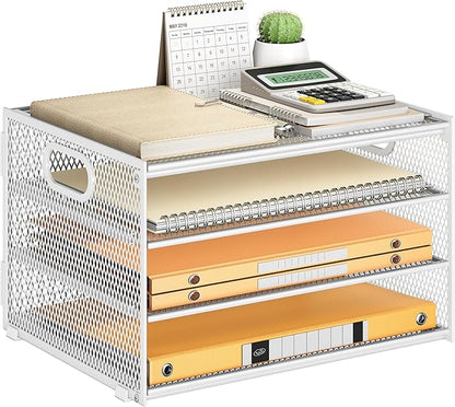 Subekyu Paper Letter Tray Organizer for Desk, White Metal Mesh Desk File Sorter Organizer with Handle and 2 Sliding Trays for Home Office School Supplies Organization