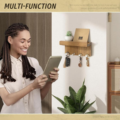 Rebee Vision Modern Farmhouse Key Holder Wall Mount - 8 inch Rustic Key and Mail Holder for Wall with 4 Hooks and Small Floating Shelf - The Perfect Aesthetic Stuff in Your Apartment (Light Brown)