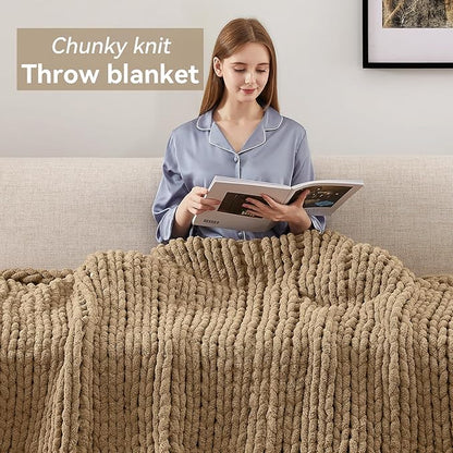 Negwoo Chunky Knit Throw Blanket, 60''*80'' Knitted Throw Chenille Yarn for Bed Couch, Handmade Light Brown Crochet Big Thick Blanket, Machine Washable Cute Comfy Blanket for Home Decor