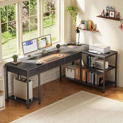 PRAISUN 63 Inch L Shaped Office Desk with Power Outlets and Type-C Port, Large Computer Gaming Desk with 3 Fabric Drawers, Mesh Shelves, Corner Study Work Writing Desk, Grey