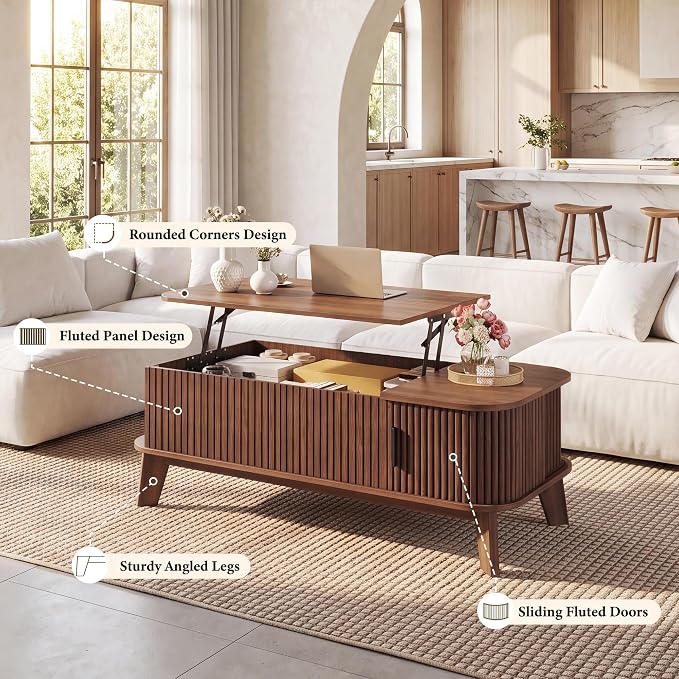 HUAHUU 37.4" Lift Top Coffee Table with Storage, Mid Century Modern Coffee Table with Sliding Fluted Doors for Living Room, Home Office, Walnut