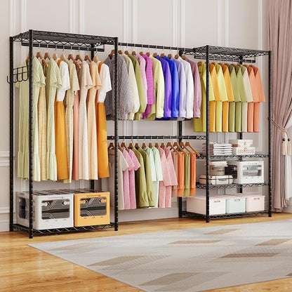 ecobedding Heavy Duty Garment Rack, 1000LBS Max Load Freestanding Closet Organizer with 6 Storage Shelves & 3 Adjustable Hanging Rods, Multifunctional, Glossy Black, 15.75" D x 70-88.5" W x 76.5" H