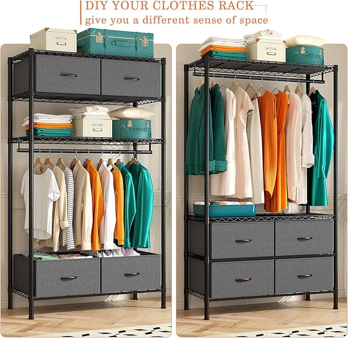 Raybee Clothes Rack with 4 Drawers and Shelves,Heavy Duty Clothing Rack for Hanging Clothes,Portable,Sturdy and Durable,Black