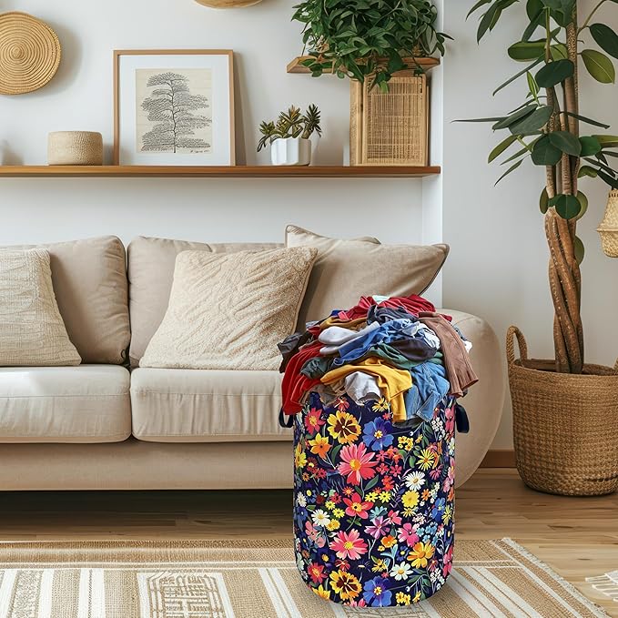 Colorful Flowers Laundry Basket Oxford Cloth Foldable Floral Laundry Hamper With Handle Portable Clothes Storage Organizer Basket 18.9x16.5 Inch Laundry Bag For Laundry Room/Bedroom/Bathroom