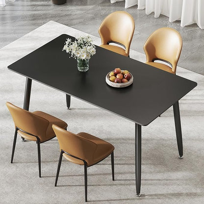 Dining Table, Sintered Stone Kitchen Table, 55'' Black Modern Rectangular Slate Patio Table with Metal Legs, Indoor Outdoor Stone Dining Table for Patio, Backyard, Scratch and Heat Resistant