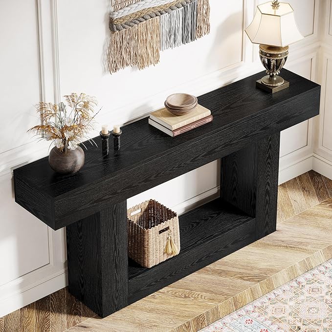 Tribesigns 63" Console Table, Farmhouse 2-Tier Entryway Table with U-Shaped Base, Narrow Long Wood Sofa Table Behind Couch Table for Living Room, Hallway, Foyer, Black
