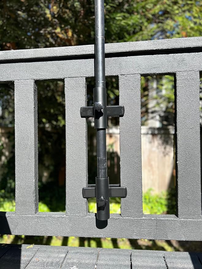 | Patio Umbrella Holder | 2 Piece Split Design | Outdoor Umbrella Base and Mount | Attaches to Railing Maximizing Patio Space and Shade