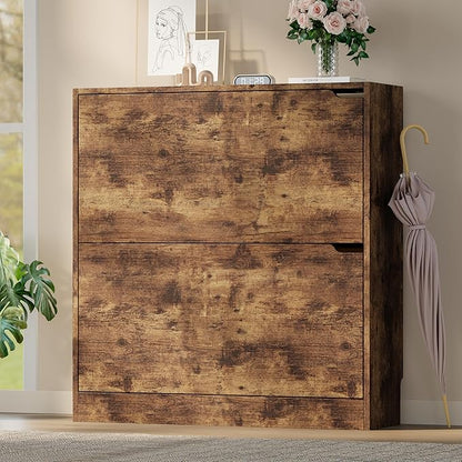 BORNOON Shoe Cabinet with 2 Flip Drawers, Slim Narrow Shoe Storage Cabinet, Freestanding Shoe Organizer with Adjustable & Removable Shelves, Top Display Shelf for Entryway, Hallway, Foyer, Closet