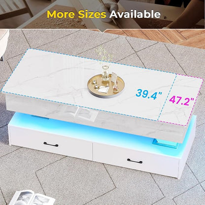SEDETA 47.2" Lift Top Coffee Table, Coffee Tables with Storage for Living Room, 2 Drawers Coffee Table with Power Outlet & LED Light for Dining Reception Room, High Gloss White Marble