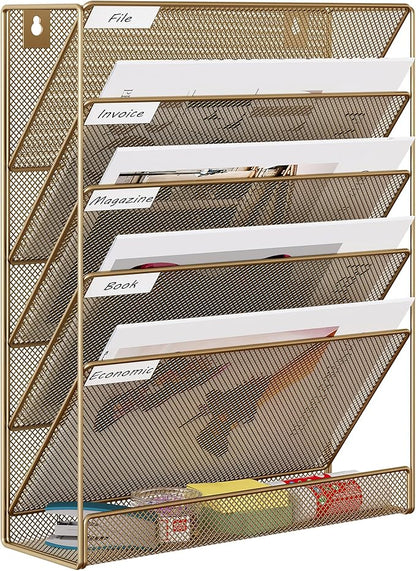 EasyPAG 5 Tier Wall File Holder, Mesh Hanging Folder Organizer with Classify Label, Versatile Desk File Holder, Vertical Wall Mounted Mail Organizer for Office Home Cubicle, Gold