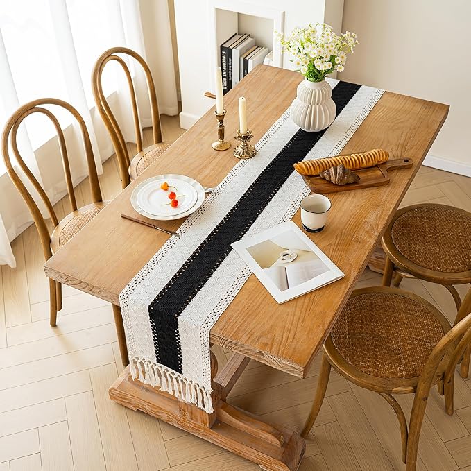 FEXIA Boho Table Runner for Summer Home Decor with Tassels 36 Inches Long Farmhouse Rustic Black Gothic Table Runner Macrame Gothic Burlap Table Decoration for Kitchen Living Room (12x36 Inches)