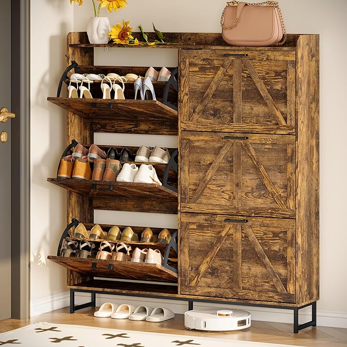 Shoe Cabinet Storage for Entryway, Shoe Storage Cabinet with 6 Flip Drawers, Freestanding Narrow Shoe Rack Organizer with Metal Legs for Foyer, Hallway, Brown