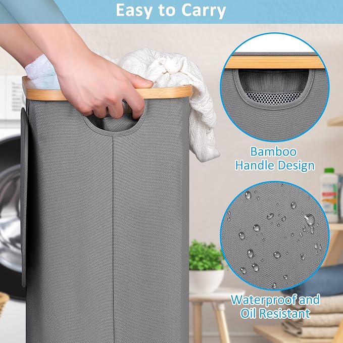 efluky Slim Laundry Basket with Wheels, Tall Rolling Laundry Hamper with Lid and Removable Bag, Aesthetic Dirty Clothes Hamper on Wheels for Laundry Room, Bedroom, Dorm and Bathroom,75L Grey