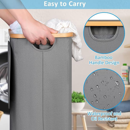 efluky Slim Laundry Basket with Wheels, Tall Rolling Laundry Hamper with Lid and Removable Bag, Aesthetic Dirty Clothes Hamper on Wheels for Laundry Room, Bedroom, Dorm and Bathroom,75L Grey