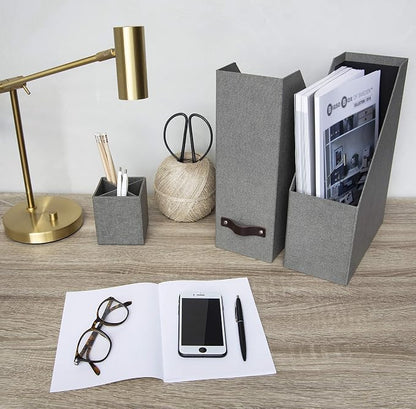 Bigso Box of Sweden Estelle Canvas Fiberboard Upright Magazine Storage Box Organizer for Papers & Catalogs w/Leather Handle | Magazine File Holder for Office Desks | 12.6" x 4.5" x 9.8" | Gray