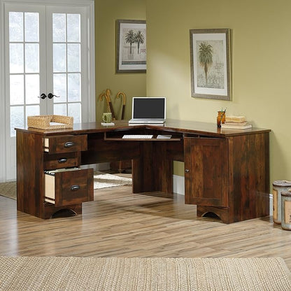 Sauder Harbor View L Shaped Computer Desk Home Office with File Cabinet Storage Drawer, Cable Management, Keyboard Tray, in Curado Cherry finish